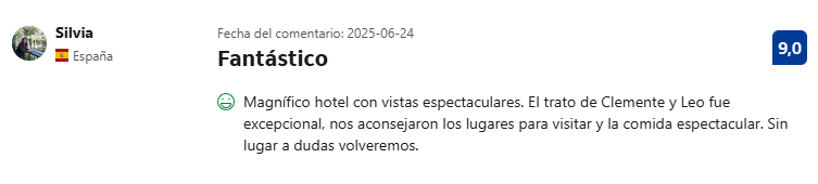 Magnífico hotel con vistas espectaculares. El trato de Clemente y Leo fue excepcional, nos aconsejaron los lugares para visitar y la comida espectacular. Sin lugar a dudas volveremos.