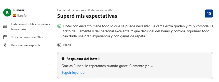 Superó mis expectativas. Puntuación: 10. Hotel con encanto, tiene todo lo que se puede necesitar. La cama extragrande y muy cómoda. El trato de Clemente y del personal excelente. Y qué decir del desayuno y comida, riquísimo todo. Sin duda, una gran experiencia y con ganas de repetir
